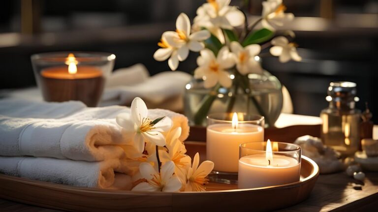 Spa setting with a lit candle fluffy towels and fragrant flowers promotes relaxation _ Premium AI-generated image (1)