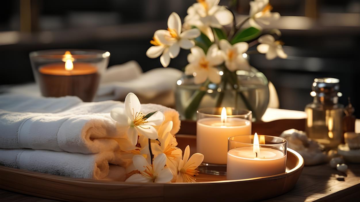 Spa setting with a lit candle fluffy towels and fragrant flowers promotes relaxation _ Premium AI-generated image (1)